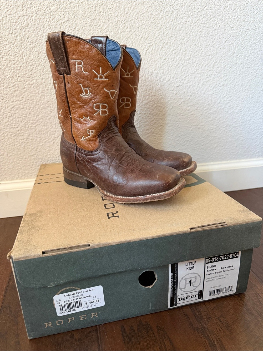 Kids Roper Two-Tone Brown Leather Cowboy Boots with Blue Lining